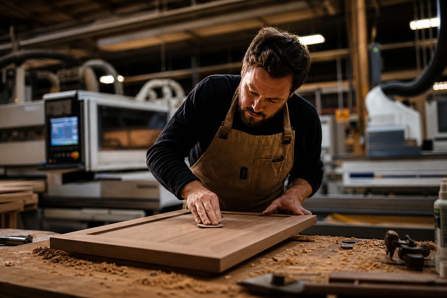 Craftsman hand-finishing flat panel cabinet door
