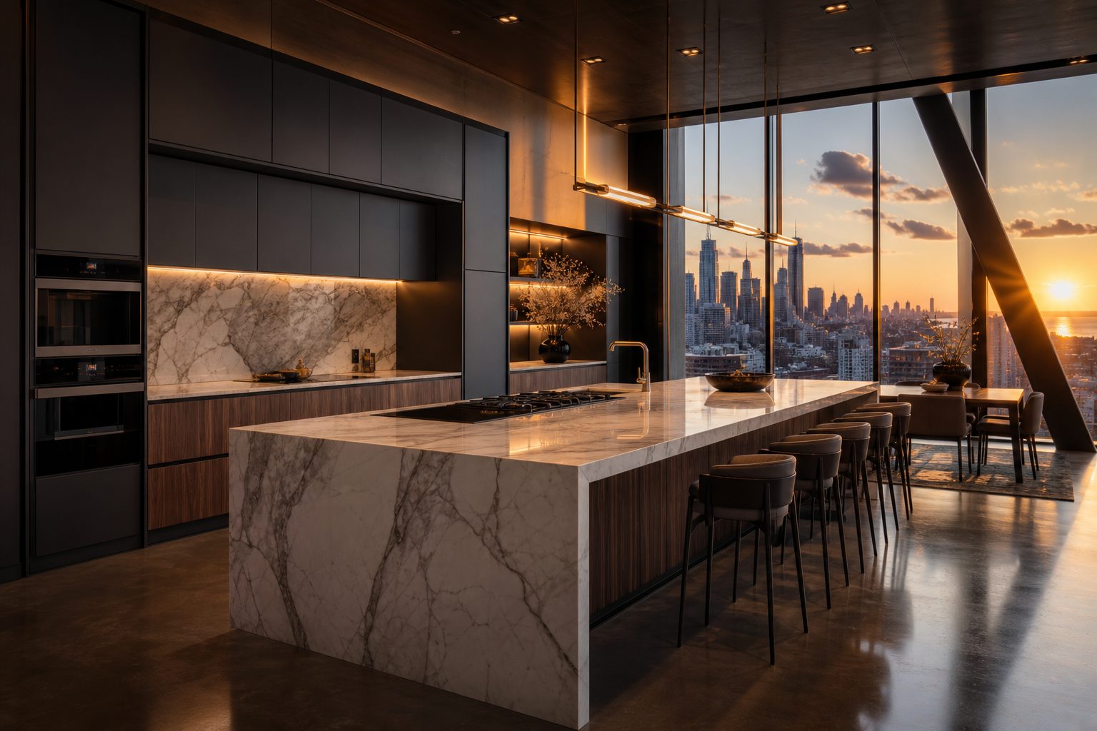 Modern frameless kitchen with dark flat-panel cabinets and marble waterfall island