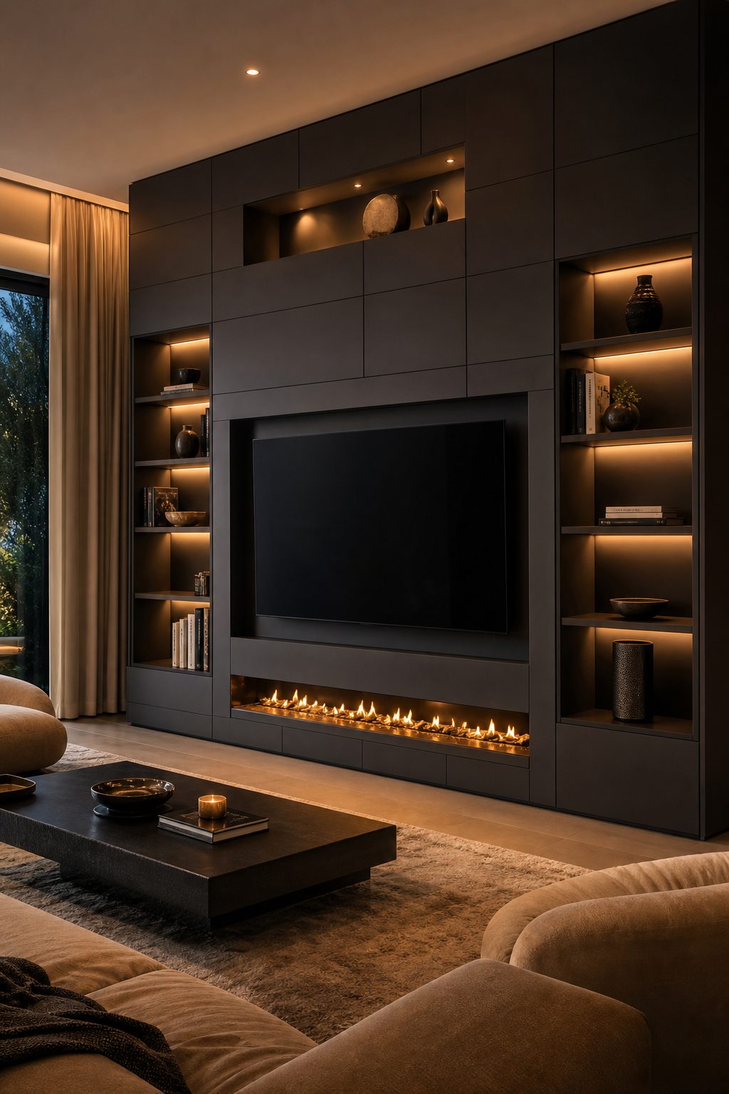 Modern living room with built-in cabinetry