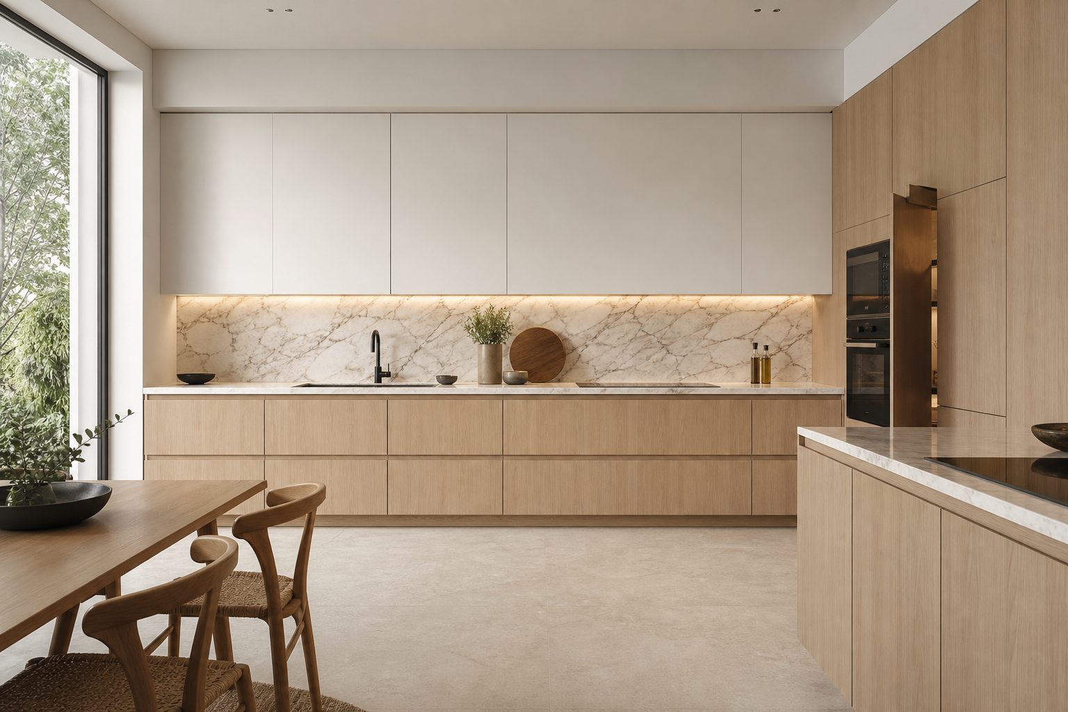 Modern handleless kitchen cabinetry with integrated appliances